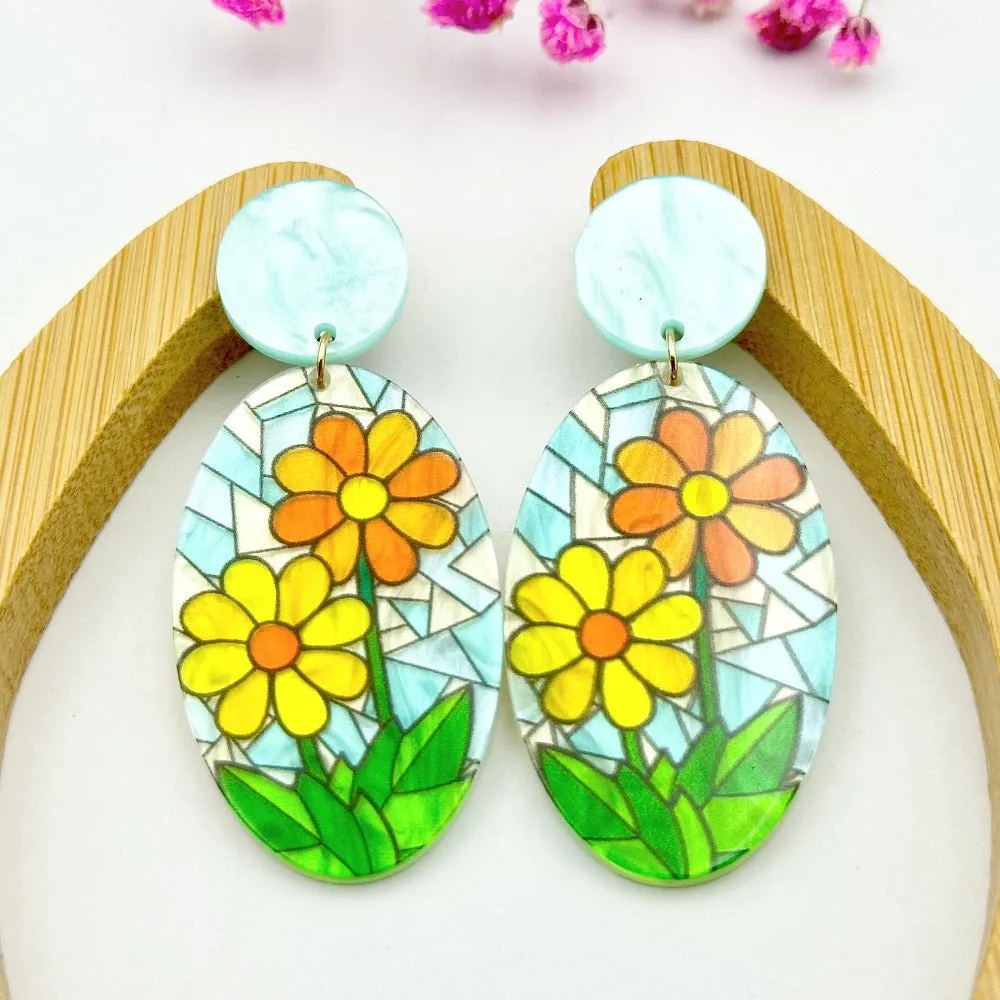 Volesar Floral Acrylic Hand Painted Oil Stud Earrings
