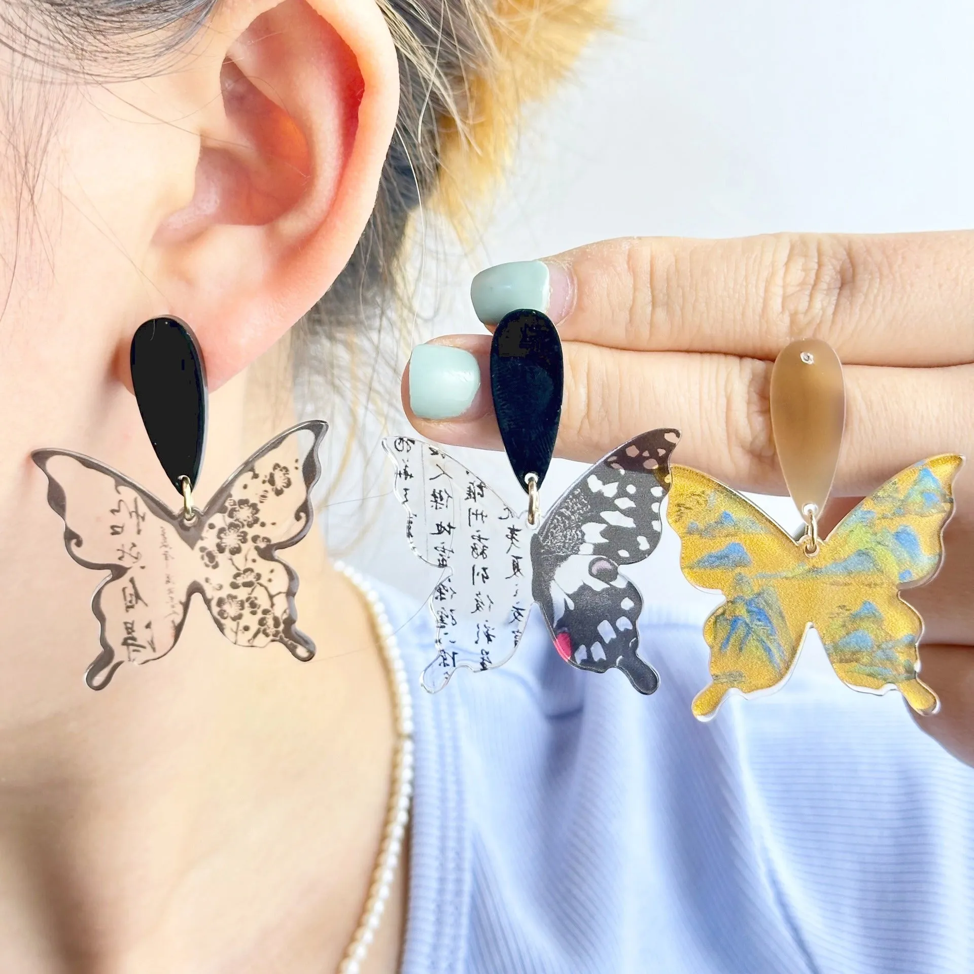Wallesar Ink Butterfly Calligraphy Antique Earrings