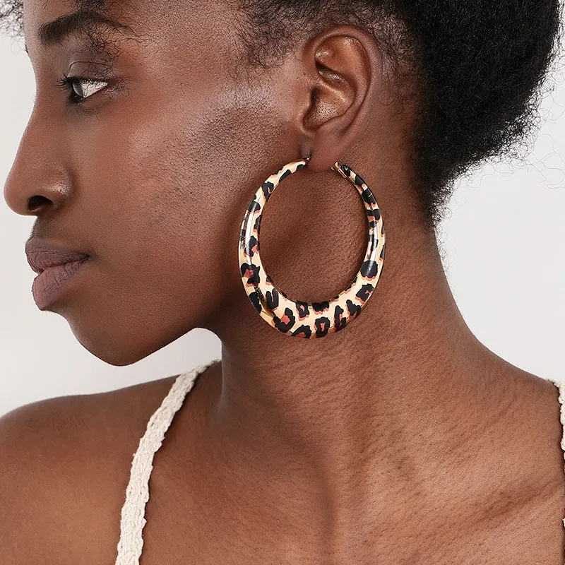 Wholesale 1 Pair of Stylish Trendy Hot Girl Style Exaggerated Geometric Hoop Leopard Print Earrings