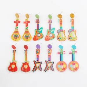 Wholesale 10pcs Music Festival Fashion Personality Rainbow Guitar Musical Instrument Earrings
