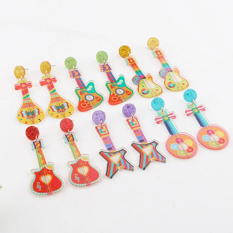 Wholesale 10pcs Music Festival Fashion Personality Rainbow Guitar Musical Instrument Earrings