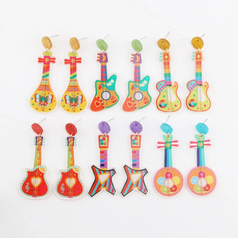 Wholesale 10pcs Music Festival Fashion Personality Rainbow Guitar Musical Instrument Earrings