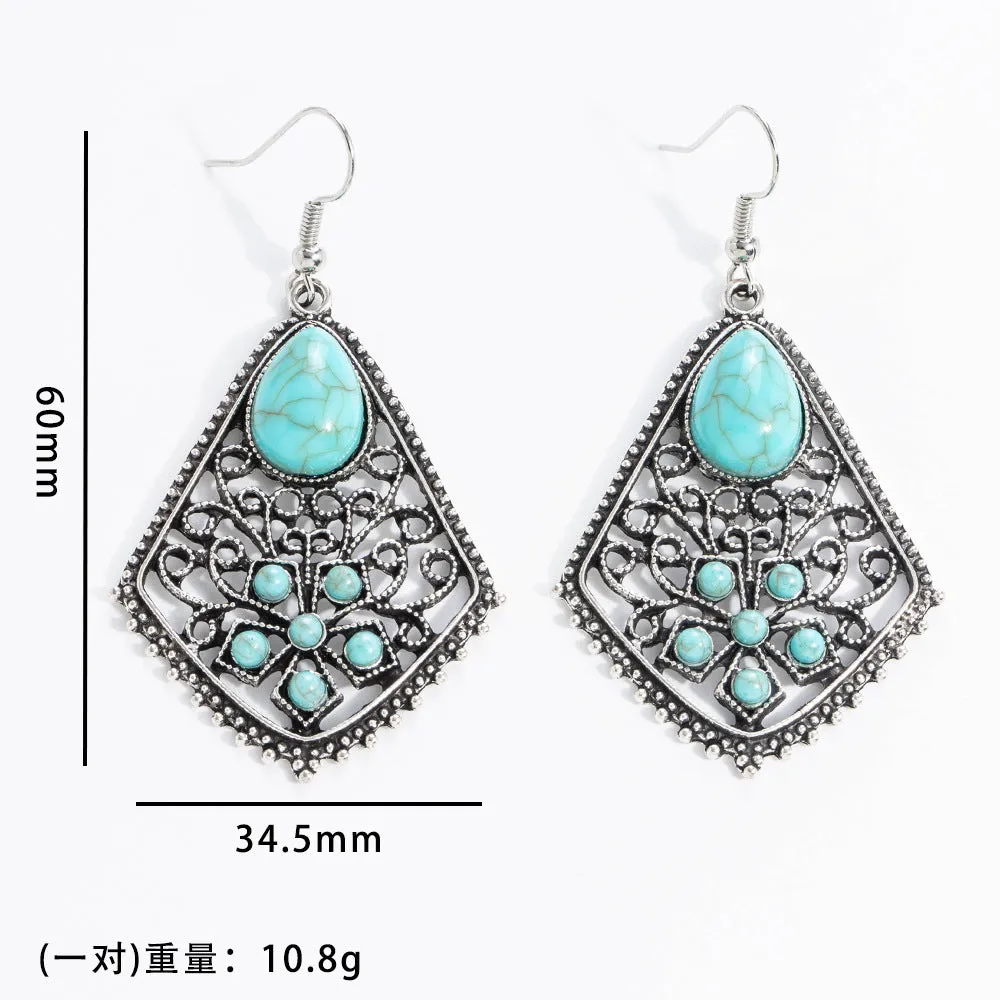 Wholesale 10pcs Vintage turquoise earrings geometric inlay Bohemian alloy personality earrings