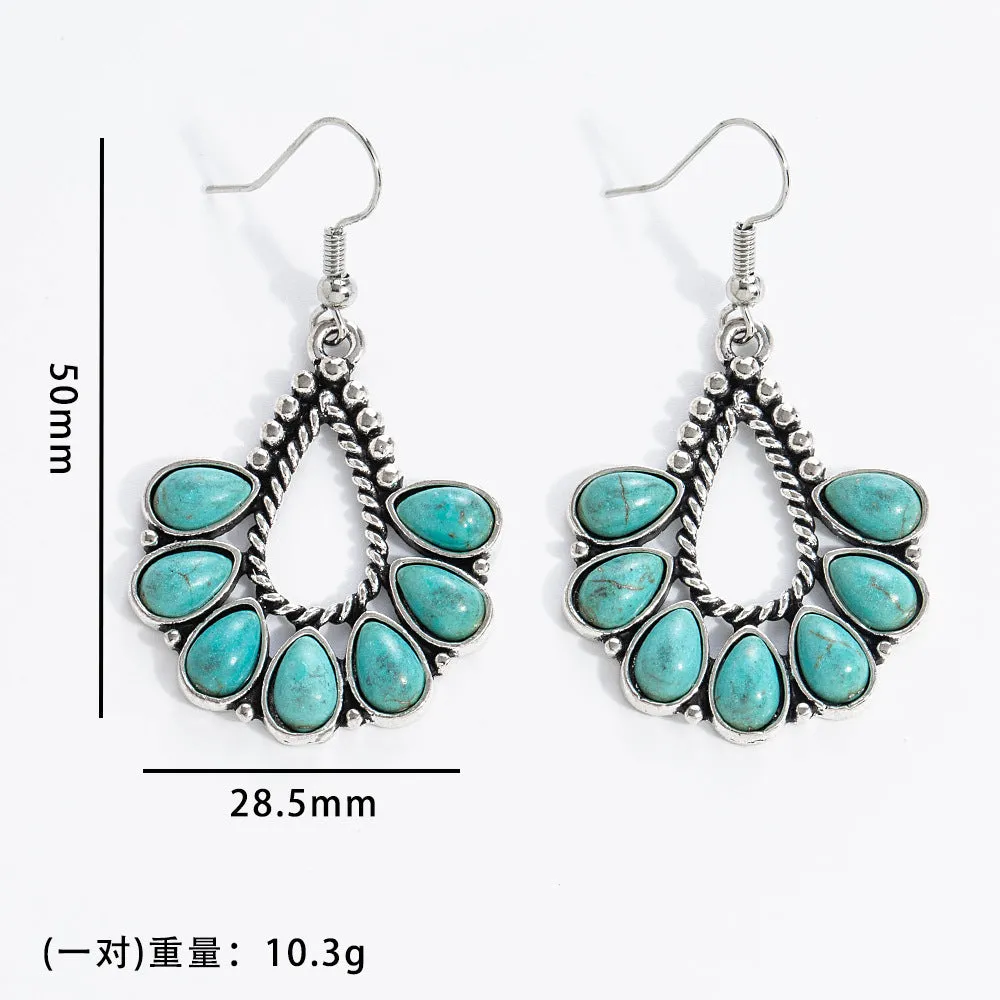 Wholesale 10pcs Vintage turquoise earrings geometric inlay Bohemian alloy personality earrings