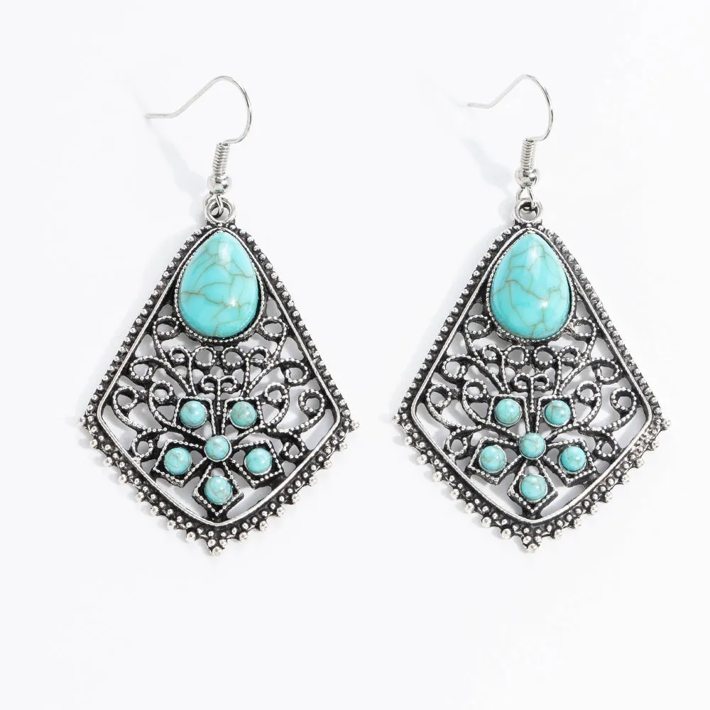 Wholesale 10pcs Vintage turquoise earrings geometric inlay Bohemian alloy personality earrings