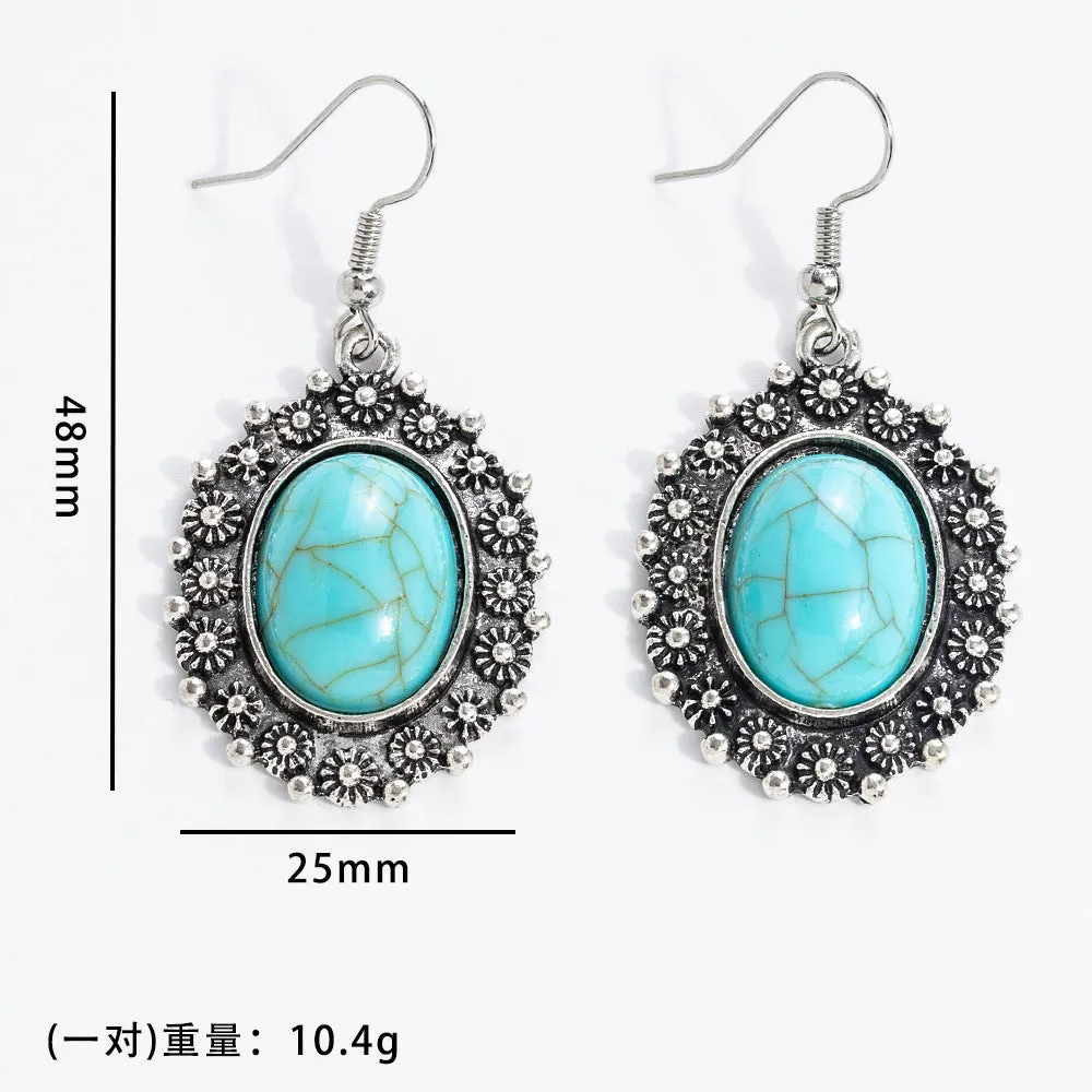 Wholesale 10pcs Vintage turquoise earrings geometric inlay Bohemian alloy personality earrings