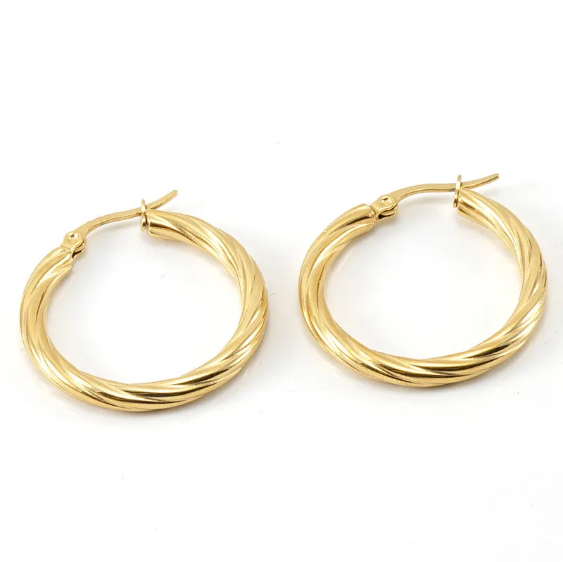 Wholesale 18K Stainless Steel Stripes Fashionable and Versatile Titanium Steel Round Buckle Earrings