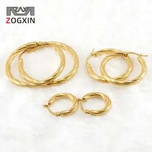 Wholesale 18K Stainless Steel Stripes Fashionable and Versatile Titanium Steel Round Buckle Earrings