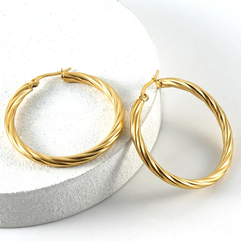 Wholesale 18K Stainless Steel Stripes Fashionable and Versatile Titanium Steel Round Buckle Earrings
