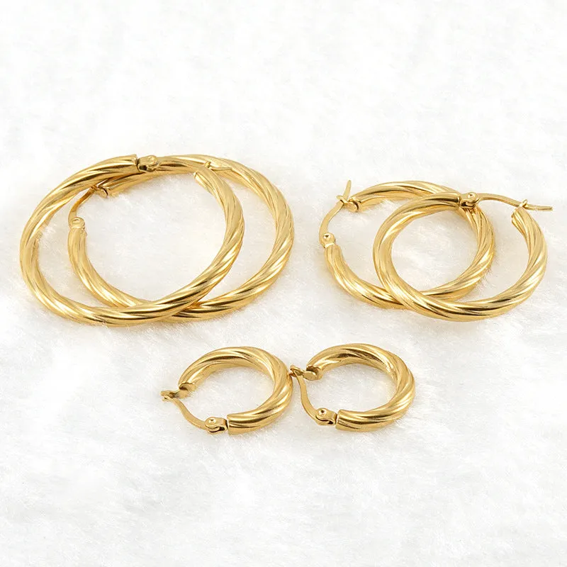 Wholesale 18K Stainless Steel Stripes Fashionable and Versatile Titanium Steel Round Buckle Earrings