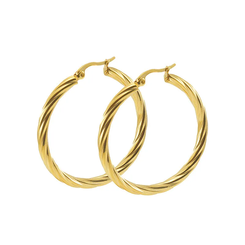 Wholesale 18K Stainless Steel Stripes Fashionable and Versatile Titanium Steel Round Buckle Earrings