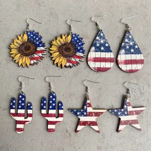 Wholesale 2 Pair/Pack American Independence Day Star Hat Earrings Cactus Wood Earrings