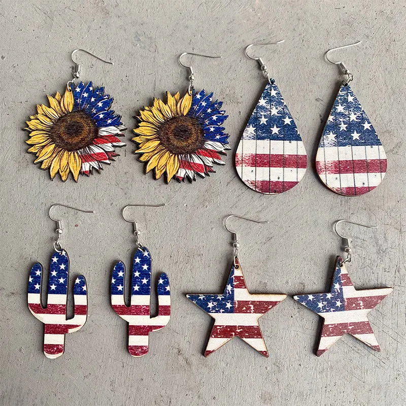 Wholesale 2 Pair/Pack American Independence Day Star Hat Earrings Cactus Wood Earrings