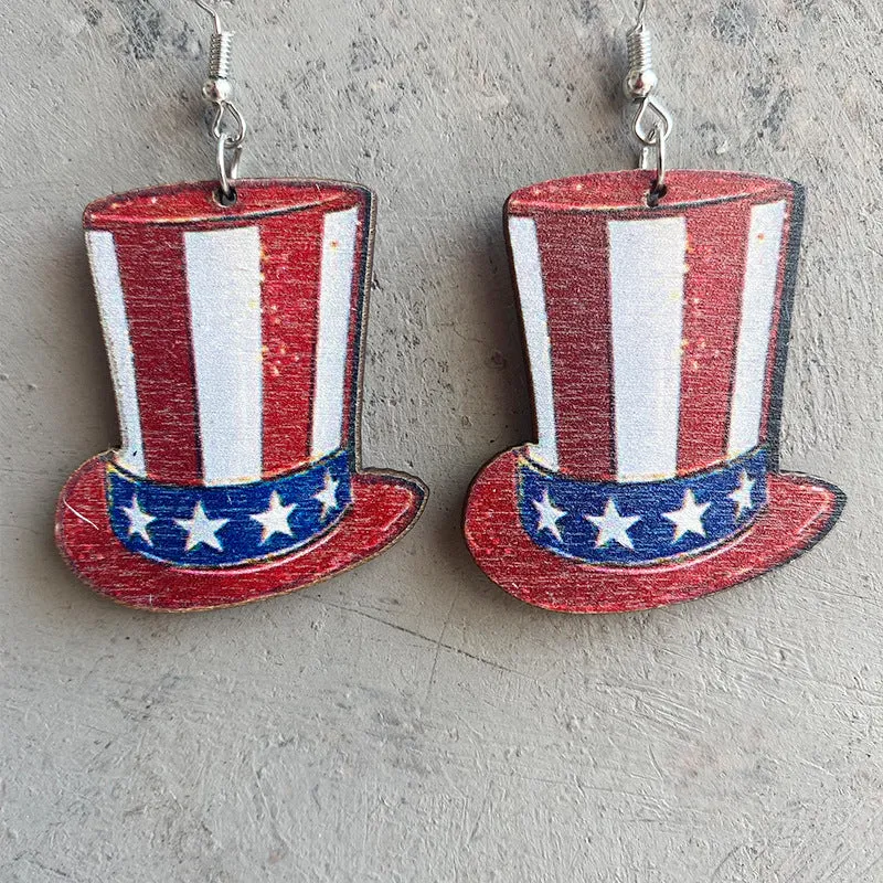 Wholesale 2 Pair/Pack American Independence Day Star Hat Earrings Cactus Wood Earrings