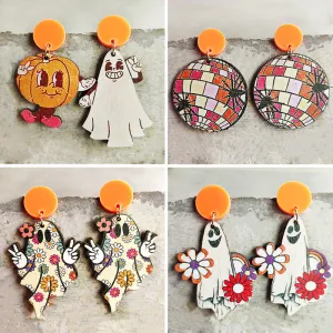 Wholesale 2 Pair/Pack Halloween Retro Style Pumpkin Ghost Spider Colorful Flower Earrings
