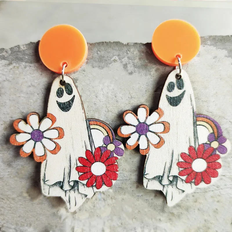 Wholesale 2 Pair/Pack Halloween Retro Style Pumpkin Ghost Spider Colorful Flower Earrings