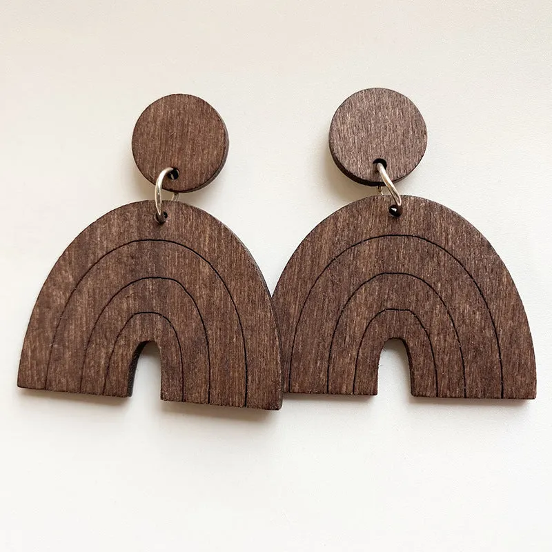 Wholesale 2 Pair/Pack Rainbow Shape Simple Personality Exaggerated Bohemian Geometric Long Wooden Earrings