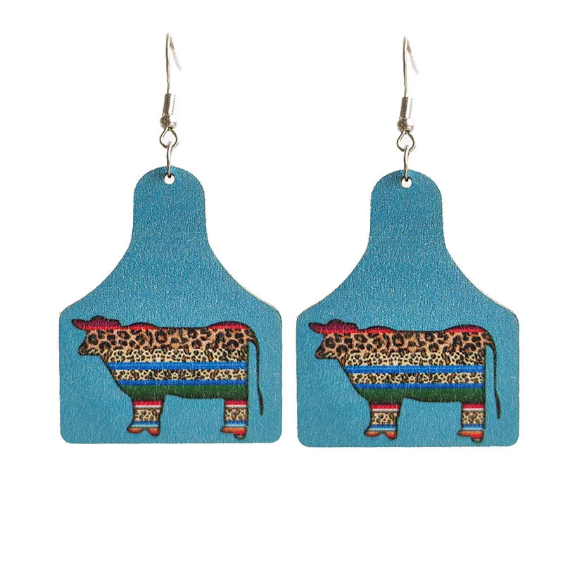 Wholesale 2 Pair/Pack Western Leopard Vintage Aztec Cow Brand Turquoise Green Wood Earrings
