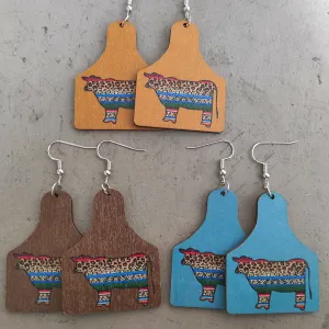 Wholesale 2 Pair/Pack Western Leopard Vintage Aztec Cow Brand Turquoise Green Wood Earrings
