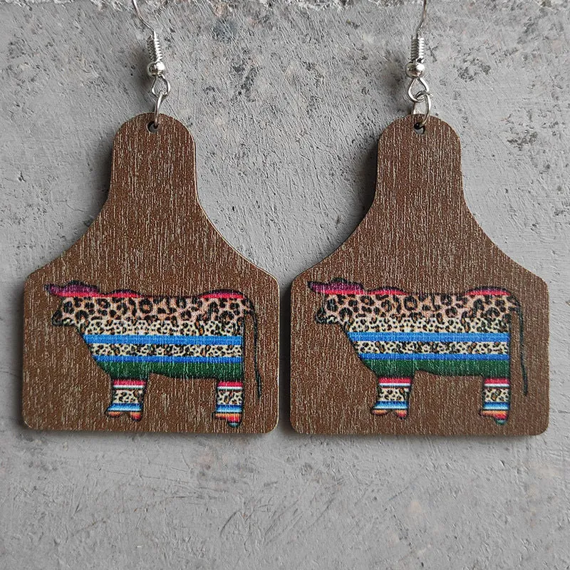 Wholesale 2 Pair/Pack Western Leopard Vintage Aztec Cow Brand Turquoise Green Wood Earrings
