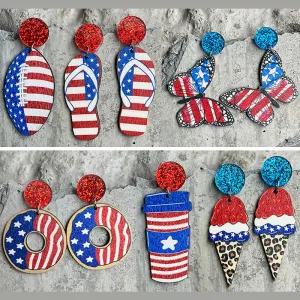 Wholesale 2 Pair/Pack Wooden Printed American Independence Day Donut Earrings