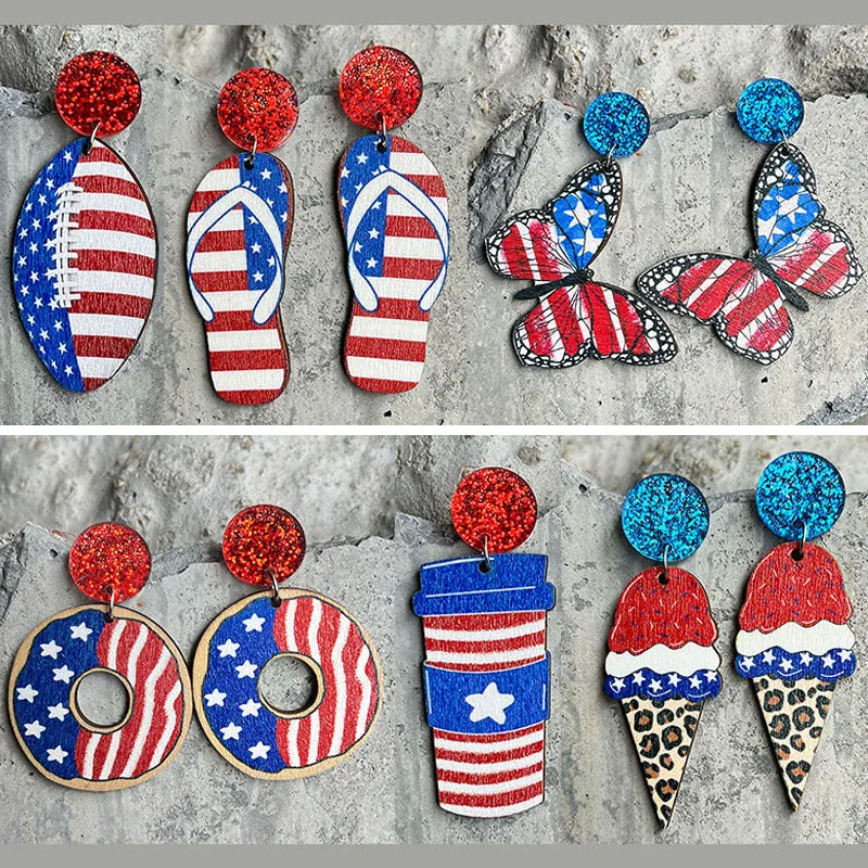 Wholesale 2 Pair/Pack Wooden Printed American Independence Day Donut Earrings