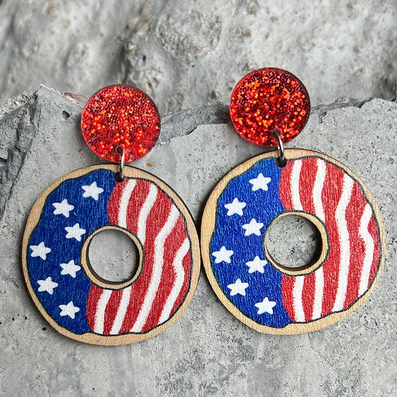 Wholesale 2 Pair/Pack Wooden Printed American Independence Day Donut Earrings