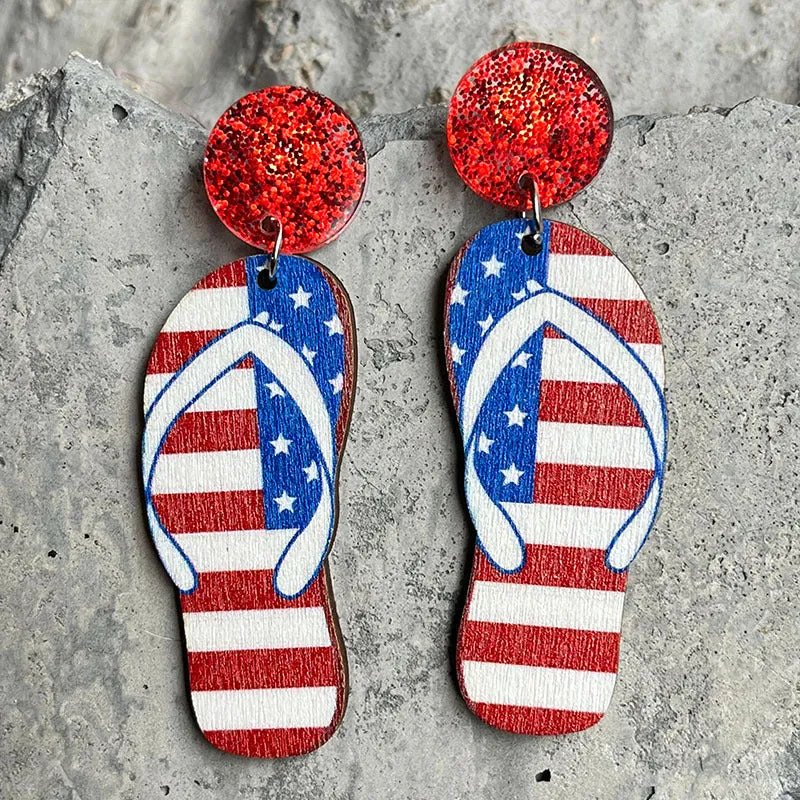Wholesale 2 Pair/Pack Wooden Printed American Independence Day Donut Earrings