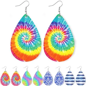 Wholesale 2 pairs/pack Blue and White Porcelain Tie-Dye Leather Earrings