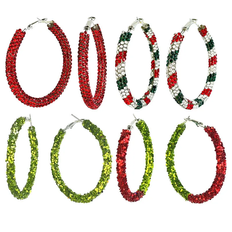 Wholesale 2 Pairs/pack Christmas Color Palette Atmosphere, Big Earrings, Shiny Red Candy Rhinestone Earrings