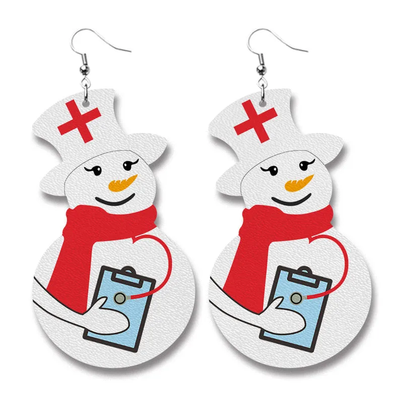 Wholesale 2 pairs/pack Christmas Elements Doctor Nurse Snowman Pencil Teacher Gift PU Leather Print Earrings