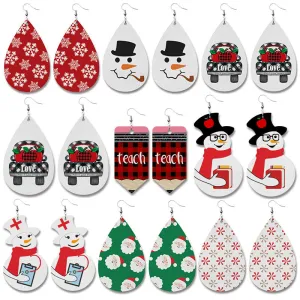 Wholesale 2 pairs/pack Christmas Elements Doctor Nurse Snowman Pencil Teacher Gift PU Leather Print Earrings