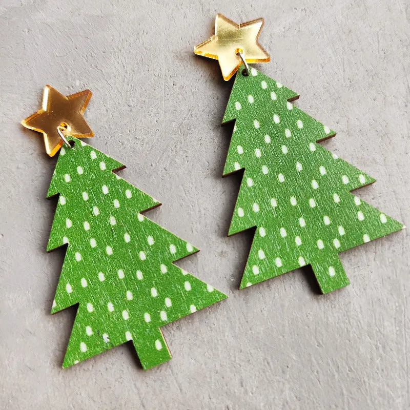 Wholesale 2 Pairs/pack Colorful Christmas Tree Leopard Plaid Minimalist Patchwork Wooden Earrings