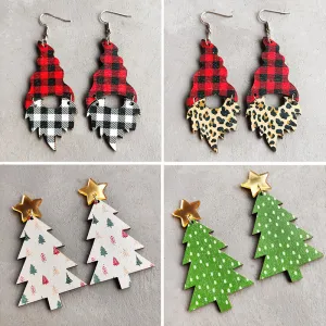 Wholesale 2 Pairs/pack Colorful Christmas Tree Leopard Plaid Minimalist Patchwork Wooden Earrings