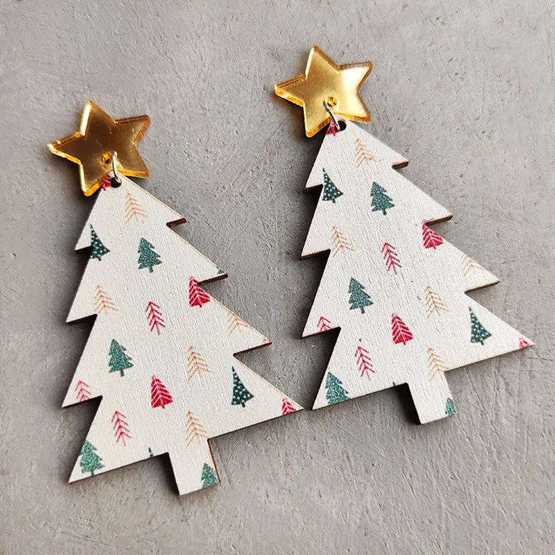 Wholesale 2 Pairs/pack Colorful Christmas Tree Leopard Plaid Minimalist Patchwork Wooden Earrings