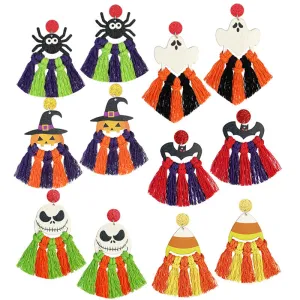 Wholesale 2 Pairs/pack Halloween Hand-woven Tassel Wooden Earrings
