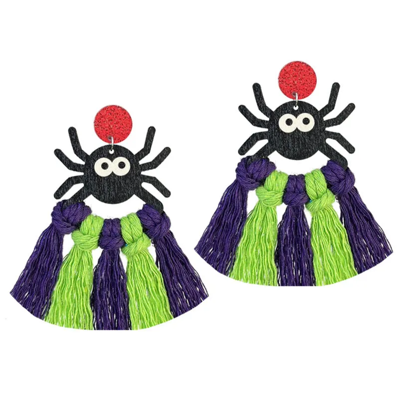 Wholesale 2 Pairs/pack Halloween Hand-woven Tassel Wooden Earrings