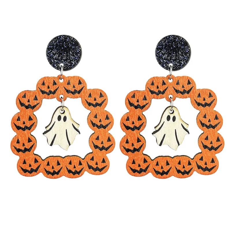 Wholesale 2 Pairs/pack Halloween Wooden Bohemian Ghost Pumpkin Skull Flower Stitching Earrings