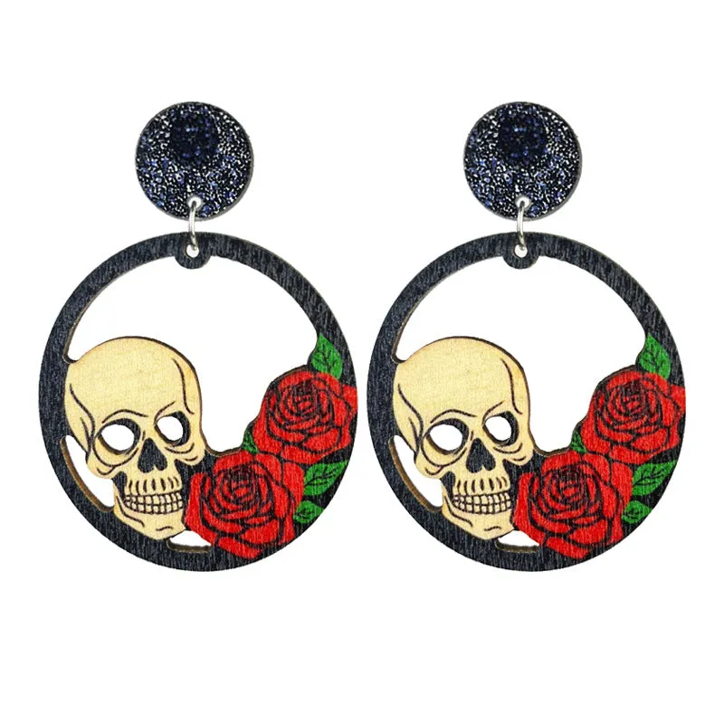 Wholesale 2 Pairs/pack Halloween Wooden Bohemian Ghost Pumpkin Skull Flower Stitching Earrings