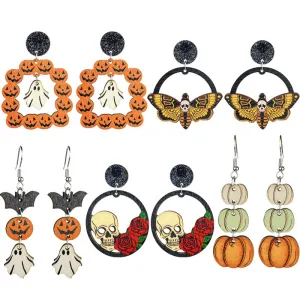 Wholesale 2 Pairs/pack Halloween Wooden Bohemian Ghost Pumpkin Skull Flower Stitching Earrings