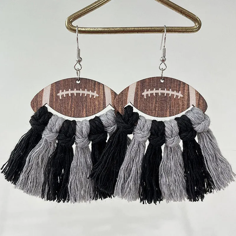Wholesale 2 Pairs/pack Sports Woven Tassel Rugby Football Cheerleaders Wooden Drop Earrings