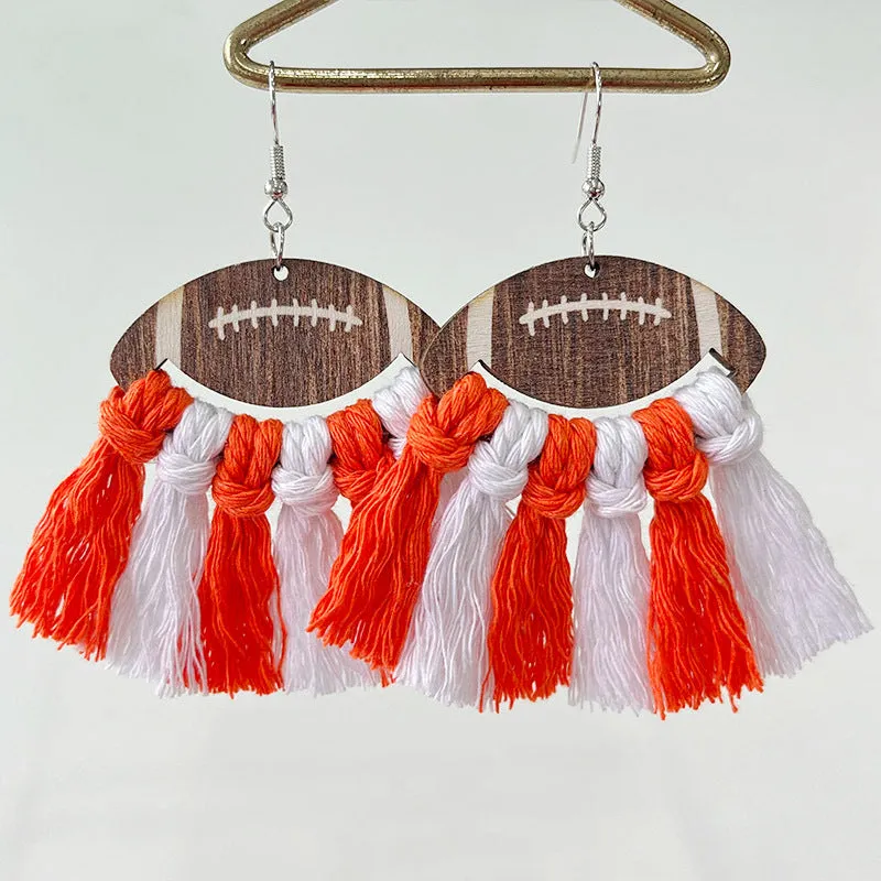 Wholesale 2 Pairs/pack Sports Woven Tassel Rugby Football Cheerleaders Wooden Drop Earrings