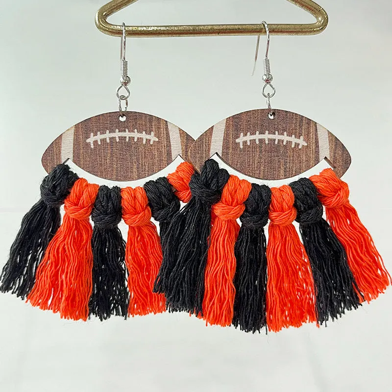 Wholesale 2 Pairs/pack Sports Woven Tassel Rugby Football Cheerleaders Wooden Drop Earrings