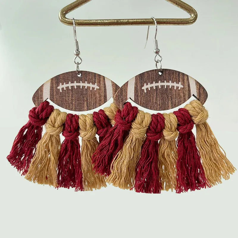 Wholesale 2 Pairs/pack Sports Woven Tassel Rugby Football Cheerleaders Wooden Drop Earrings