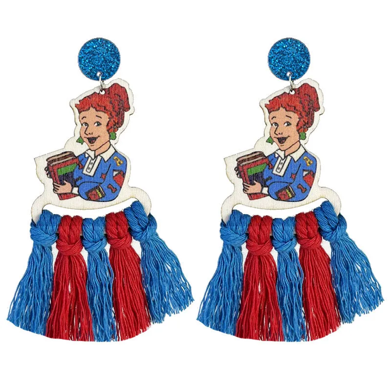 Wholesale 2 Pairs/pack Teacher's Colorful Tassel Hand-woven Cute Reading Wooden Earrings