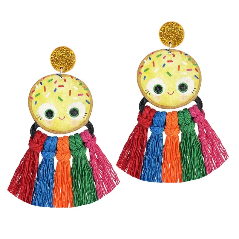 Wholesale 2 Pairs/pack Teacher's Colorful Tassel Hand-woven Cute Reading Wooden Earrings