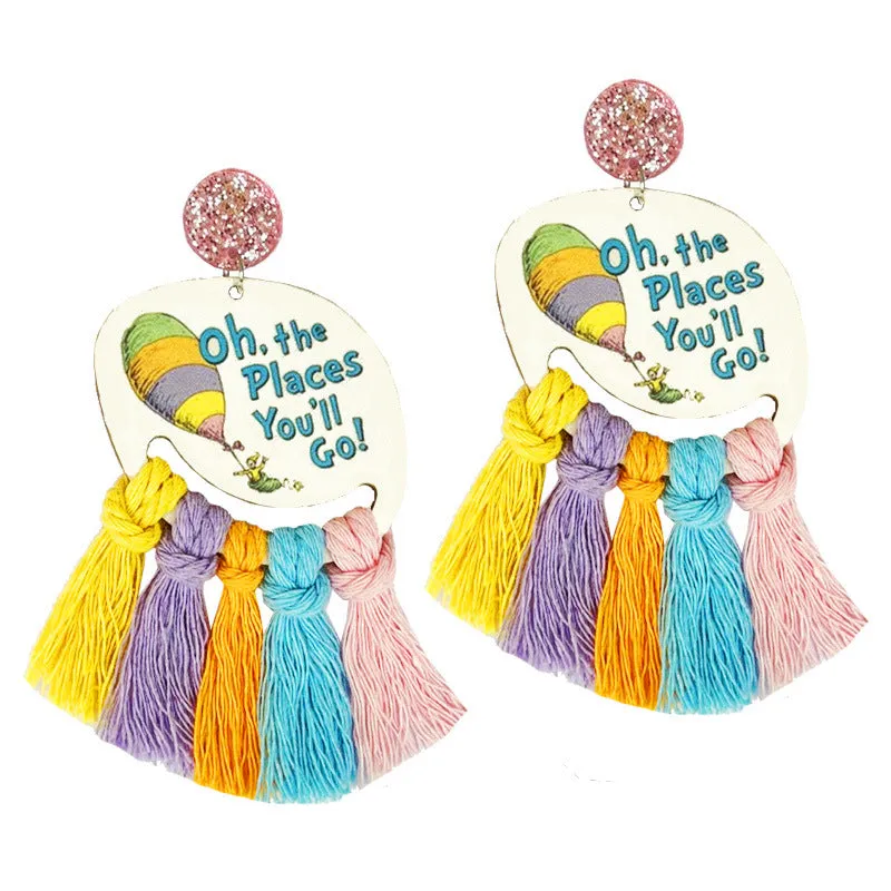 Wholesale 2 Pairs/pack Teacher's Colorful Tassel Hand-woven Cute Reading Wooden Earrings