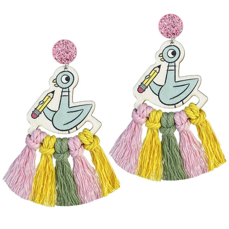 Wholesale 2 Pairs/pack Teacher's Colorful Tassel Hand-woven Cute Reading Wooden Earrings