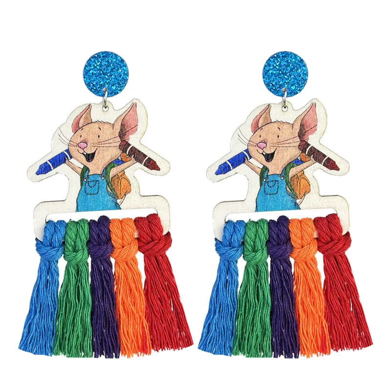 Wholesale 2 Pairs/pack Teacher's Colorful Tassel Hand-woven Cute Reading Wooden Earrings