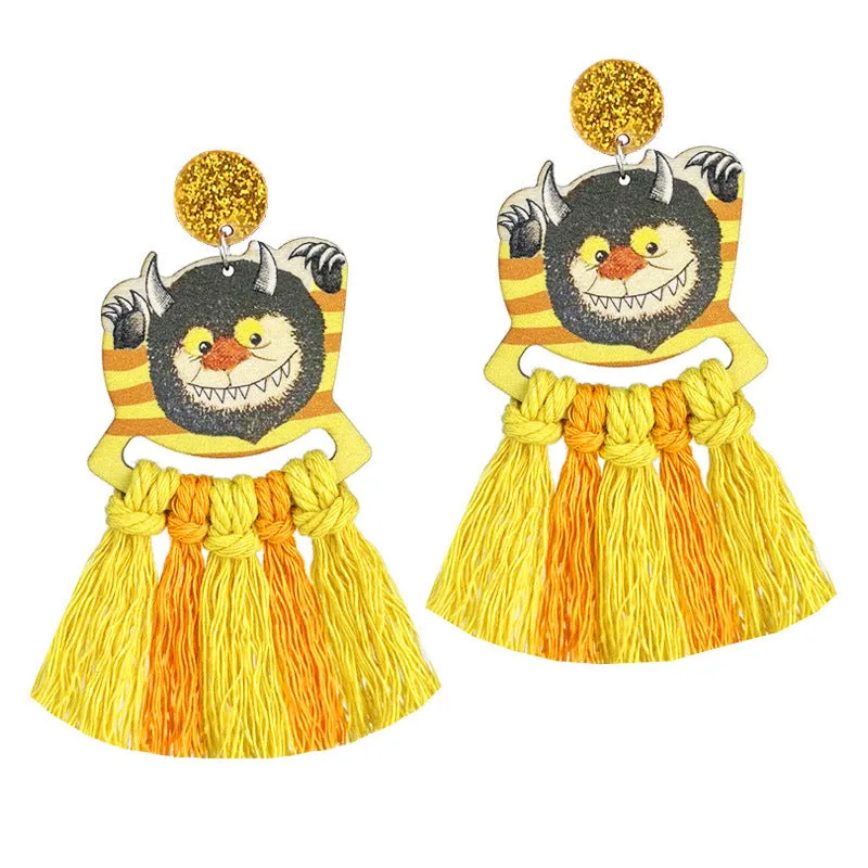 Wholesale 2 Pairs/pack Teacher's Colorful Tassel Hand-woven Cute Reading Wooden Earrings